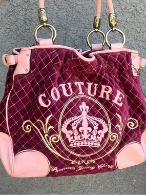 RARE Juicy Couture Burgundy Velvet Tote with Pink Trim